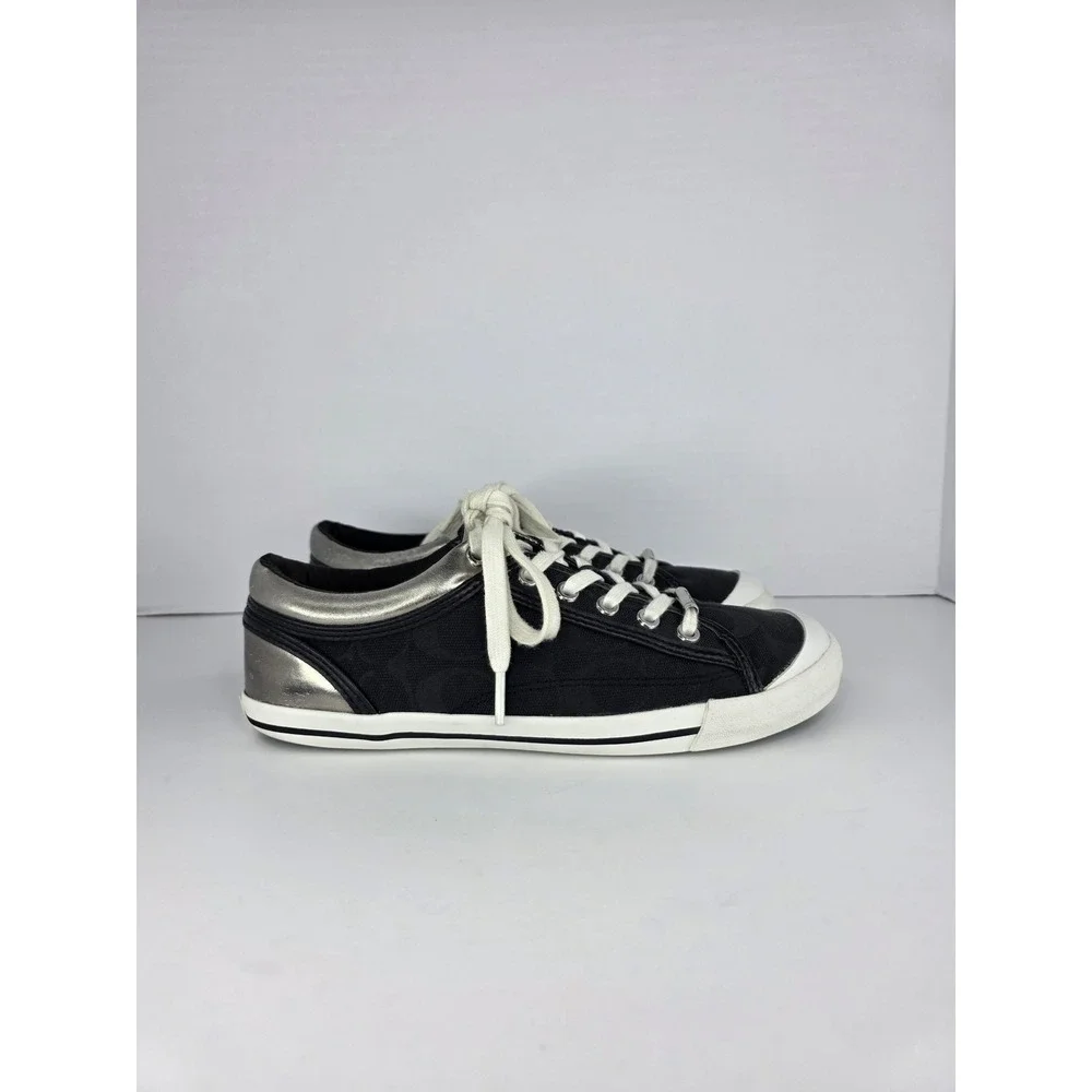 Coach Francesca Sneakers Womens 8B Black Canvas Signature C Silver Trim Classic